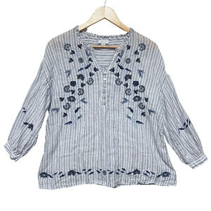 J. Jill Love Linen Top Medium Blue Floral Embroidered Striped 3/4 Sleeve Shirt
